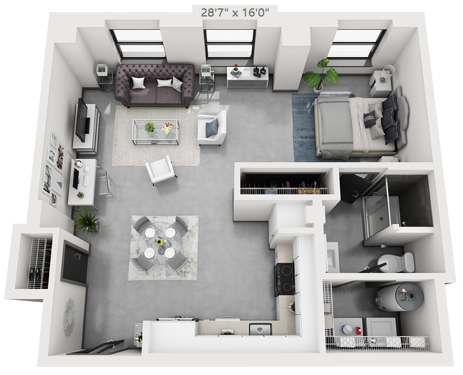 A1 plan is 1 bed, 1 bath and 750 square feet