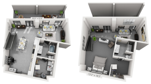 A16M plan is 1 bed, 2 bath and 1,185 square feet