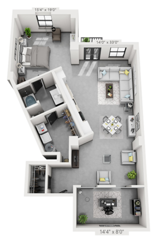 A18 plan is 1 bed, 1 bath and 1,205 square feet
