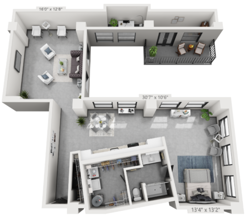 A22 plan is 1 bed, 1 bath and 1,330 square feet