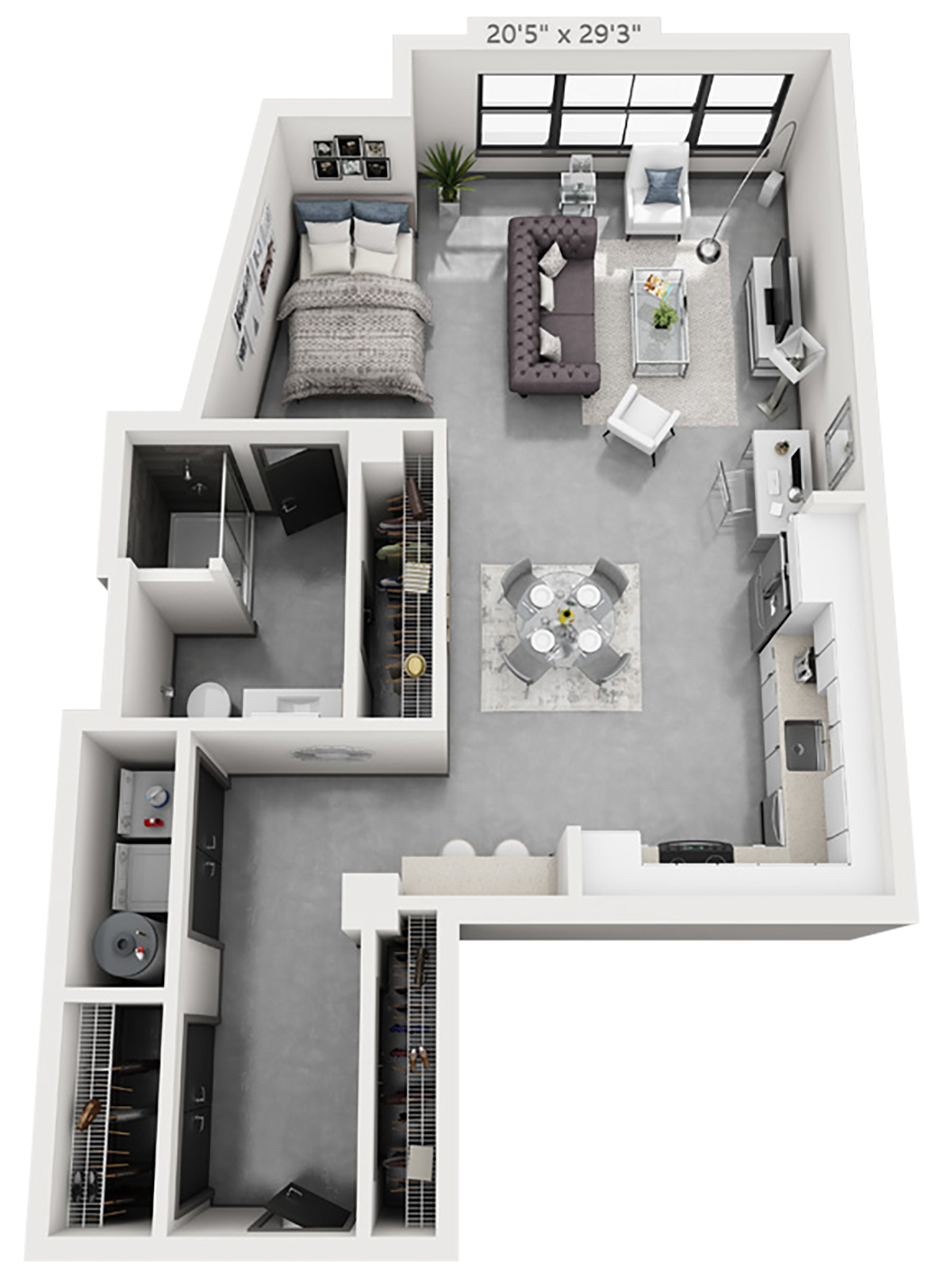 A5 plan is 1 bed, 1 bath and 874 square feet