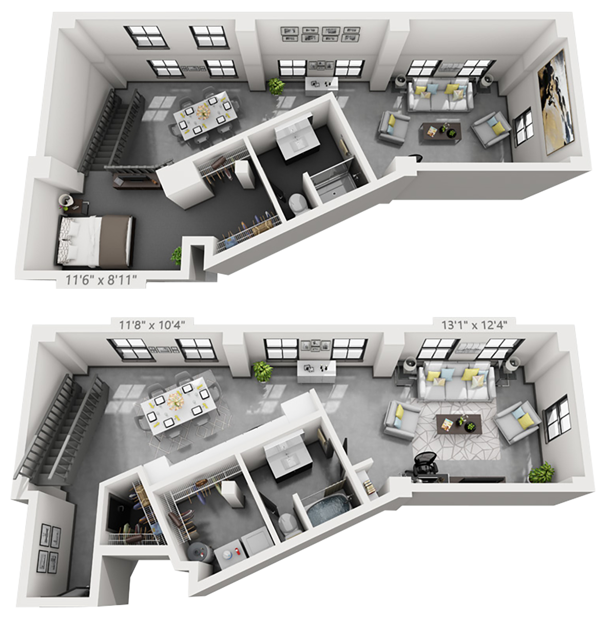 B10M plan is 1 bed, 2 bath and 1,367 square feet