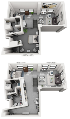 B6M plan is 2 bed, 2 bath and 1,290 square feet