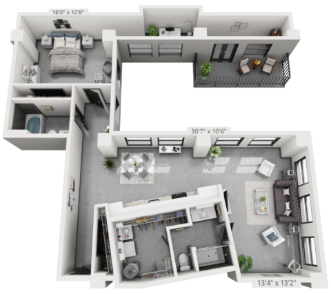 B8alt plan is 1 bed, 2 bath and 1,330 square feet