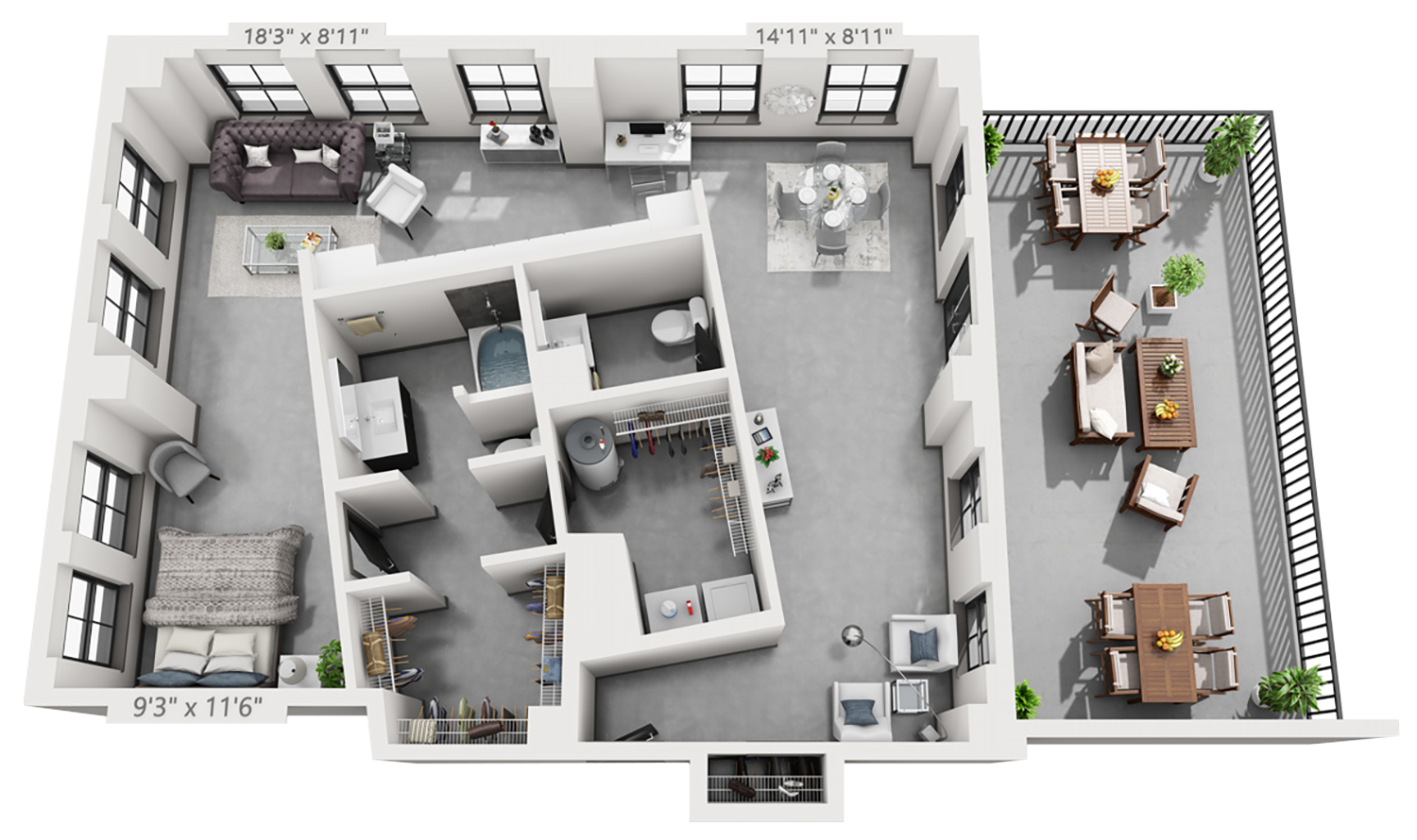 PH-A1 plan is 1 bed, 1.5 bath and 1,353 square feet
