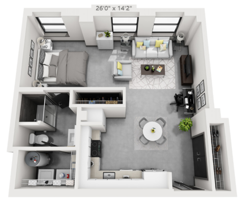 S2 plan is studio bed, 1 bath and 703 square feet