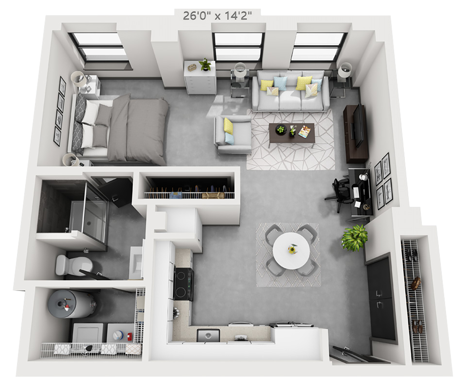 S2 plan is studio bed, 1 bath and 703 square feet